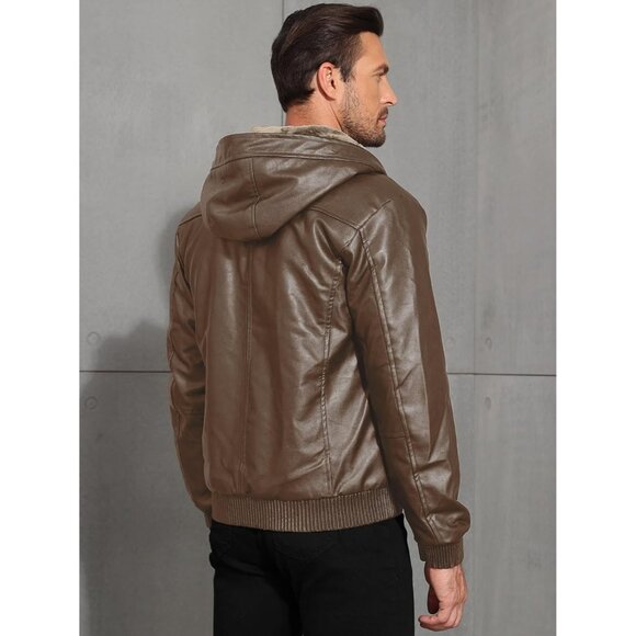 Brand New Men's Brown Polyester Sherpa Lined Hooded Faux Leather Bomber Jacket - Picture 9 of 9